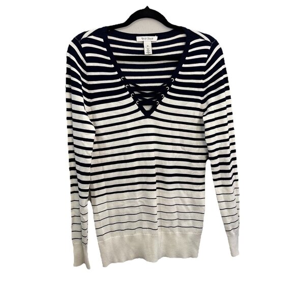 White House Black Market V Neck Striped Navy And White Nautical Sweater Blouse M - Picture 1 of 11